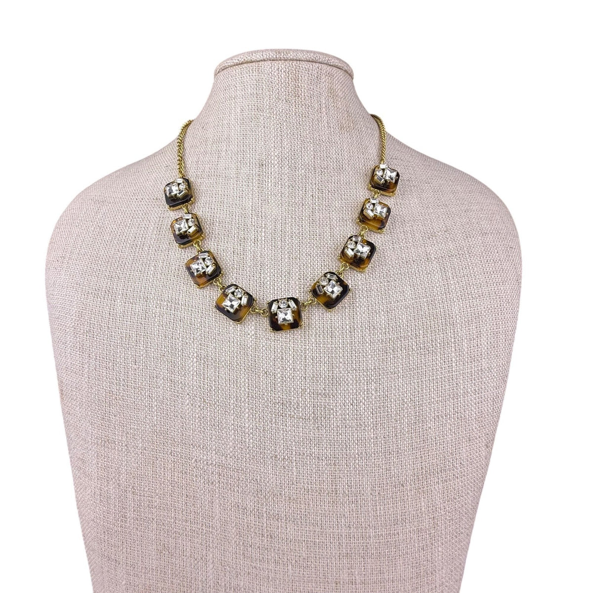 J. Crew Multi-Crystal Statement Necklace Gold Tone Links Brown Lucite Accents