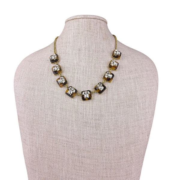 J. Crew Multi-Crystal Statement Necklace Gold Tone Links Brown Lucite Accents