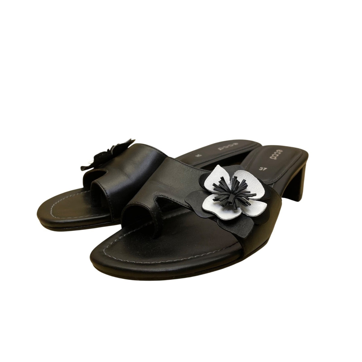 Ecco Women’s Black Leather Flower Accent Open-Toe Mule Sandals Size 37