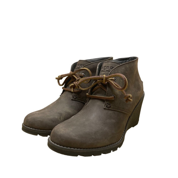 Sperry Women’s Brown Leather Lace-Up Wedge Heel  Casual Ankle Boots Size 7.5M