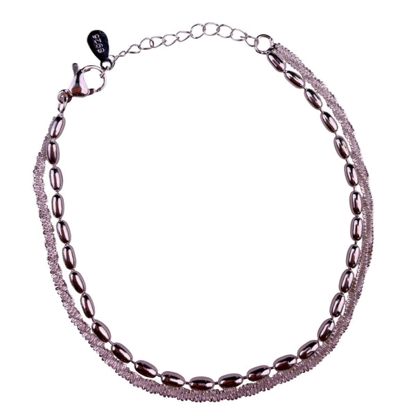 Sterling Silver Womens Two-Strand Bracelet Beaded & Textured Chain Design
