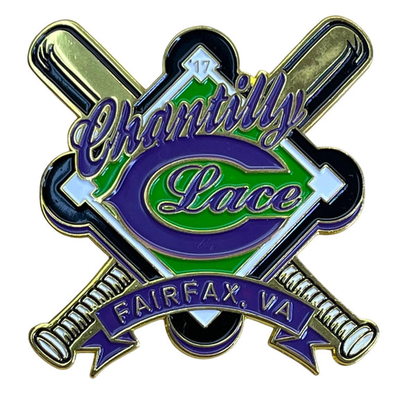 Chantilly Lace Softball Team Lapel Pin Gold & Enamel Crossed Bats Fairfax VA