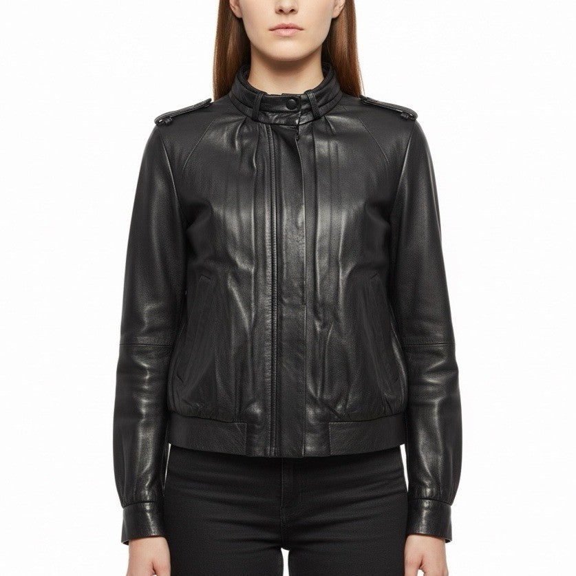 Theory Womens Black Leather Jacket Small Italy Epaulet Bomber Style Zip Closure