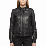 Theory Womens Black Leather Jacket Small Italy Epaulet Bomber Style Zip Closure