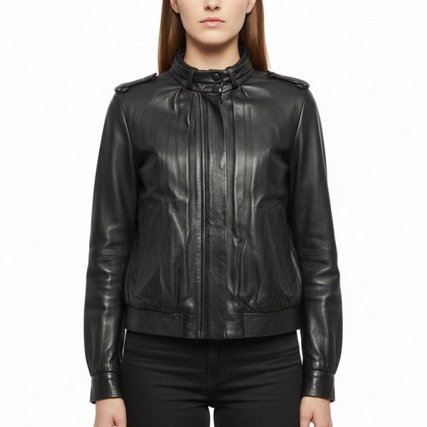 Theory Womens Black Leather Jacket Small Italy Epaulet Bomber Style Zip Closure