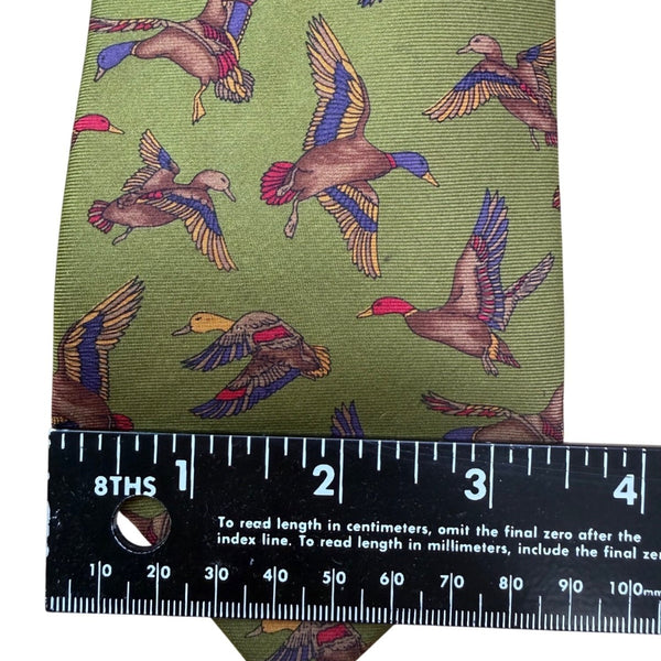 Ferragamo Mens Green Silk Tie Mallard Duck Animal Print Made In Italy