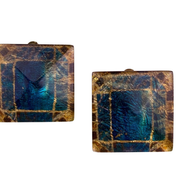 Mma.PH Womens Gold Tone Blue Lucite Clip-On Earrings Chunky Retro 1970s Style