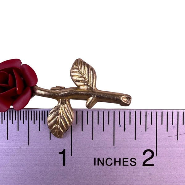 Vintage Unknown Womens Gold Tone & Red Enamel Rose Floral Brooch Pin