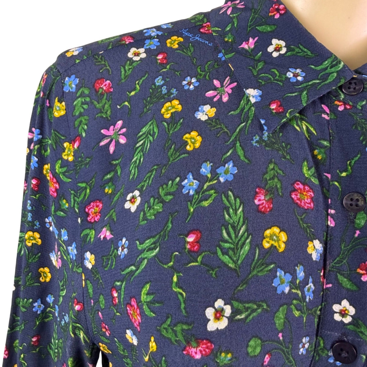 Pepe Jeans Womens Blue Floral Polyester Button-Down Midi Dress Size L