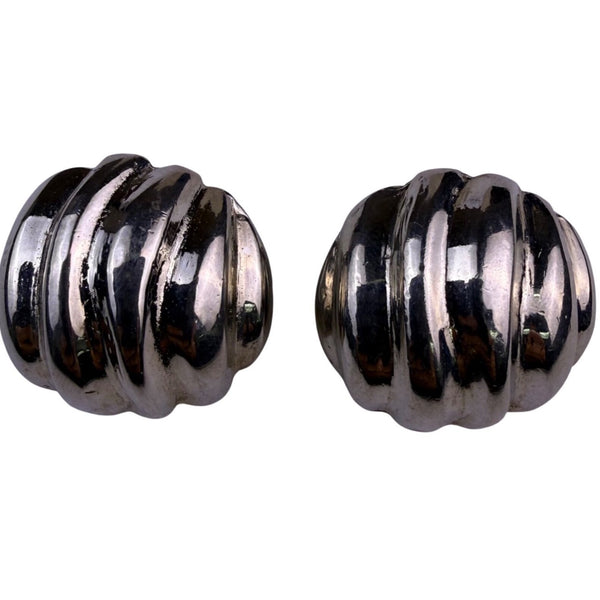 Vintage 925 Sterling Silver Clip-On Earrings Ribbed Modernist Design Jewelry