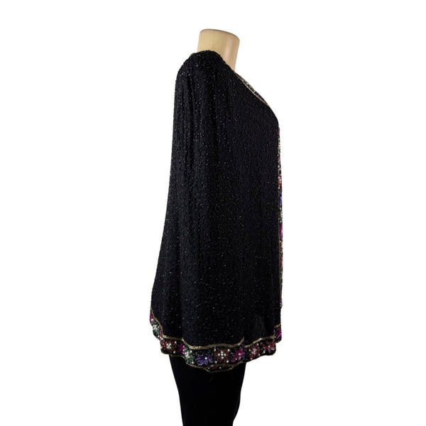 Lawrence Kazar Womens Black Beaded Silk  Jacket & Top Floral Embellished Sz 2X