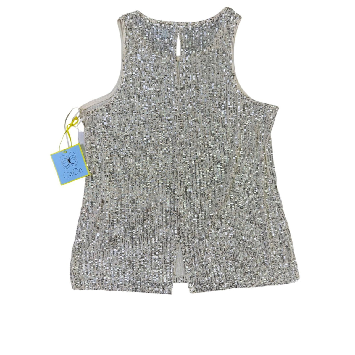 Cece Womens Silver Sequin Top Sleeveless Crew Neck Size M