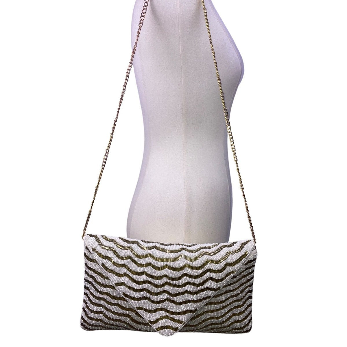 White & Gold Zigzag Pattern  Beaded Envelope Clutch with Chain Strap