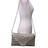 White & Gold Zigzag Pattern  Beaded Envelope Clutch with Chain Strap