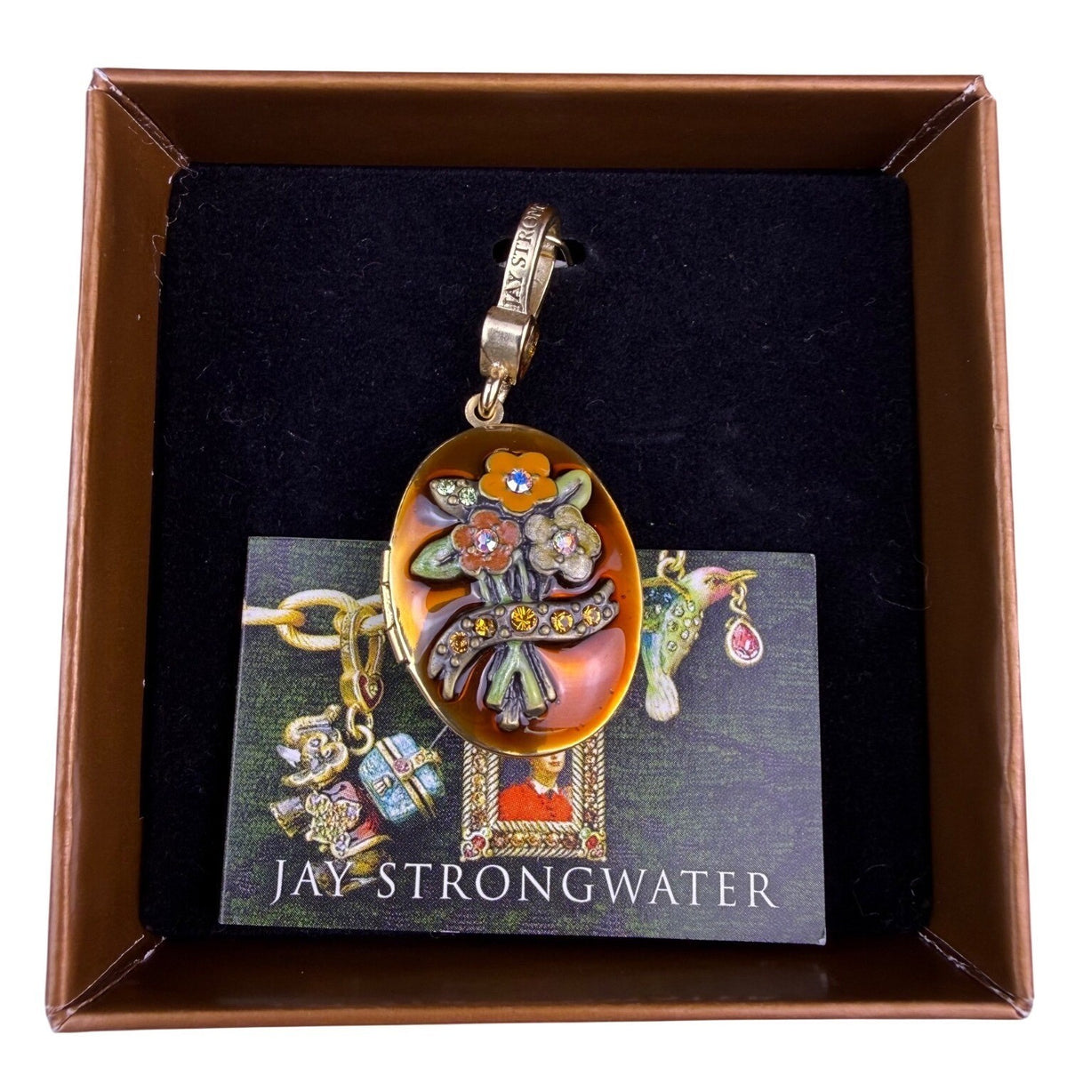 Jay Strongwater Womens Gold Tone Enameled Floral Locket Charm With Gemstones