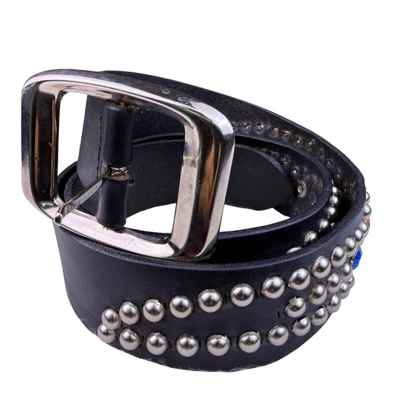Betsey Johnson Womens Black Leather Studded Belt Silver Buckle Retro Design