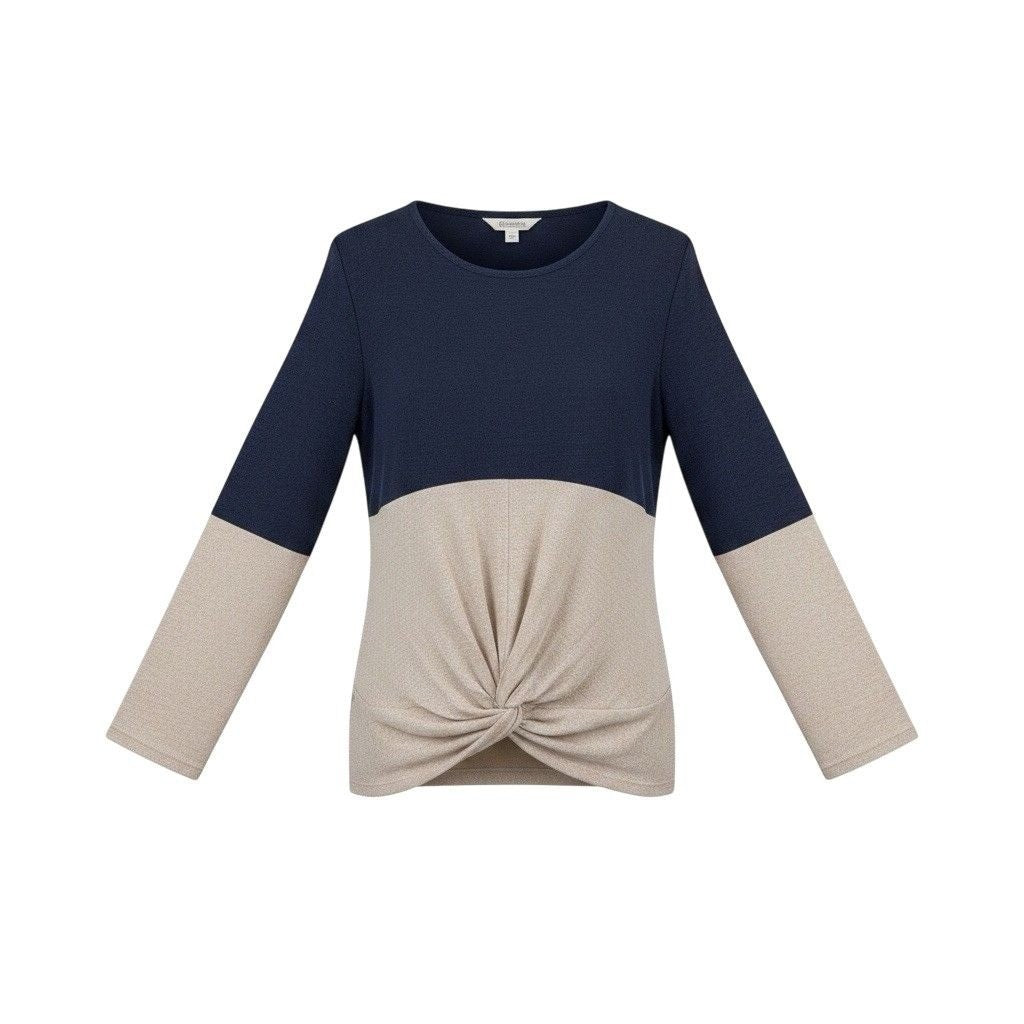 Market & Spruce Womens Navy & Beige Front Twist Knit Top Size L
