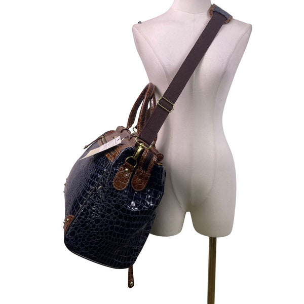 Samantha Brown Women’s Brown & Blue Faux Croc Embossed With Zippered Satchel Bag