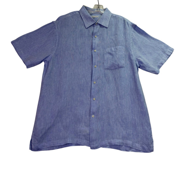 Alex Cannon Mens Blue Linen Button-Down Short Sleeve Shirt  Casual Sz XL