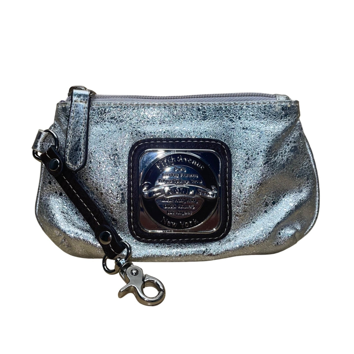 Kathy Van Zeeland Women’s Silver Metallic Logo Detail Small Wristlet Handbag