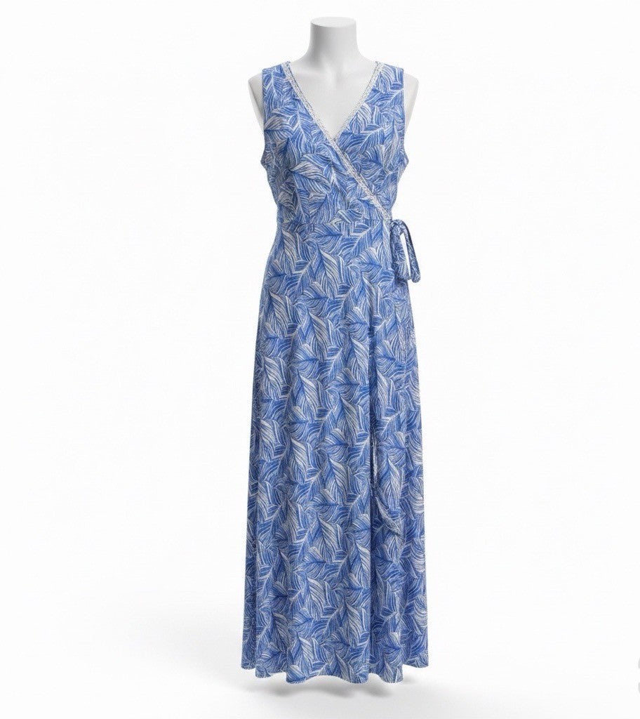 Santiki Womens Blue Wrap Dress Leaf Print Sleeveless Lightweight Vacation Sz  XL