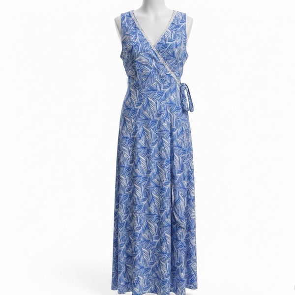 Santiki Womens Blue Wrap Dress Leaf Print Sleeveless Lightweight Vacation Sz  XL