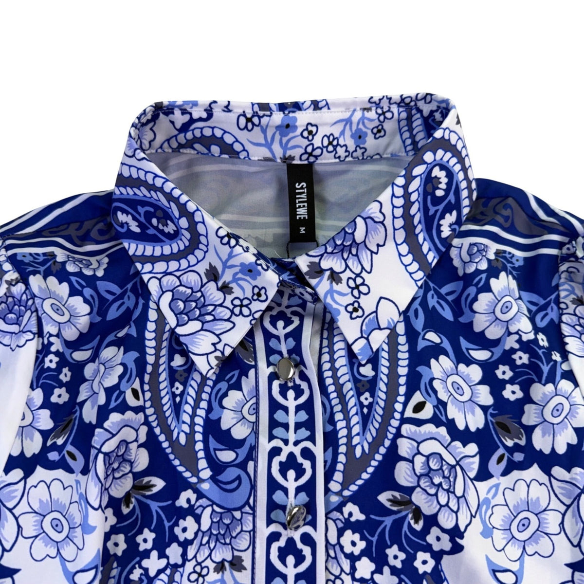 Stylewe Womens Blue White Floral Long-Sleeve Blouse Elegant Shirt Size M