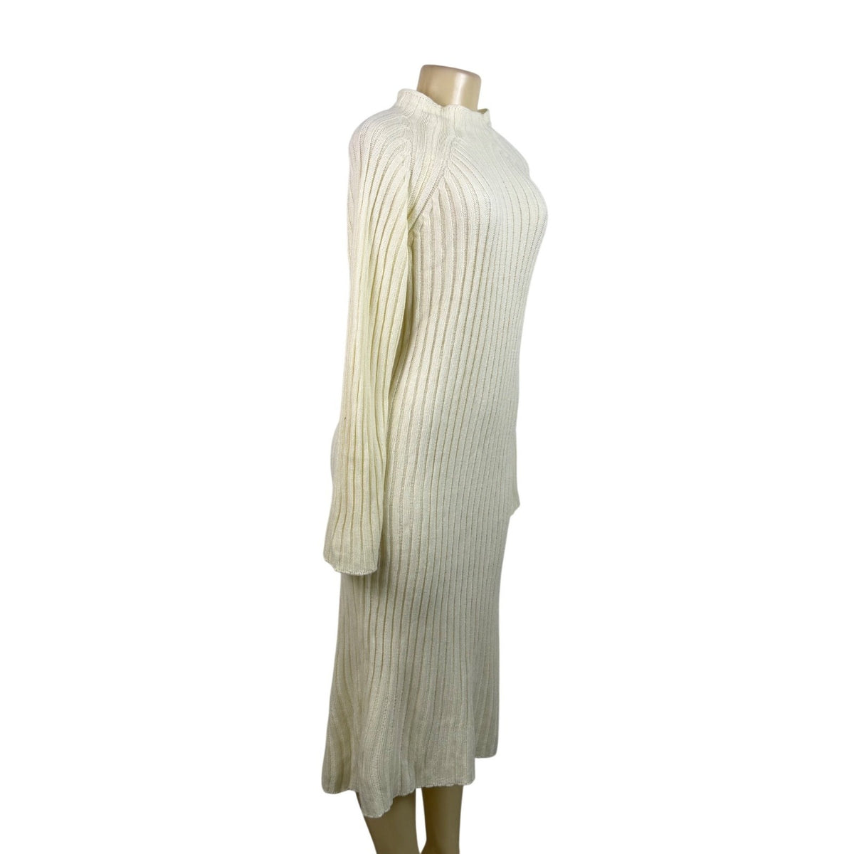 Queens Street Womens Cream Ribbed Knit Long Sleeve Midi Sweater Dress Size OS