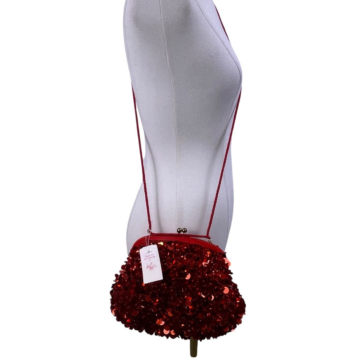 Lord & Taylor Women’s Red Sequins Evening Bag With Chain Strap & Satin Interior
