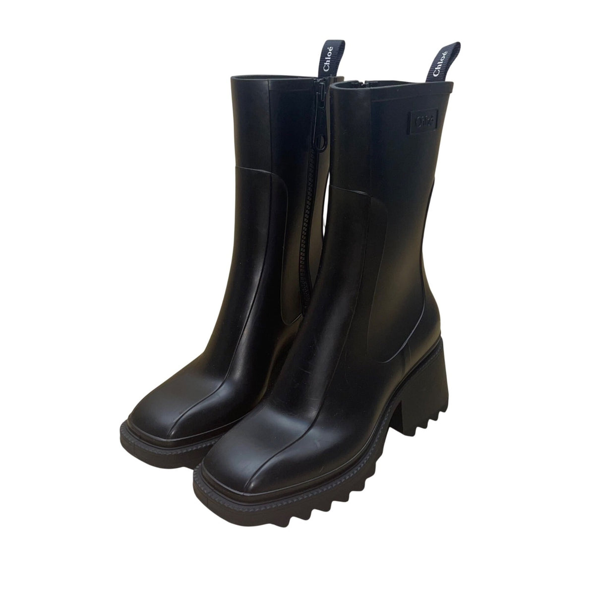 Chloe Women’s Black Rubber Zip-Up Chunky Heel Square Toe Betty Rain Boots Sz 10