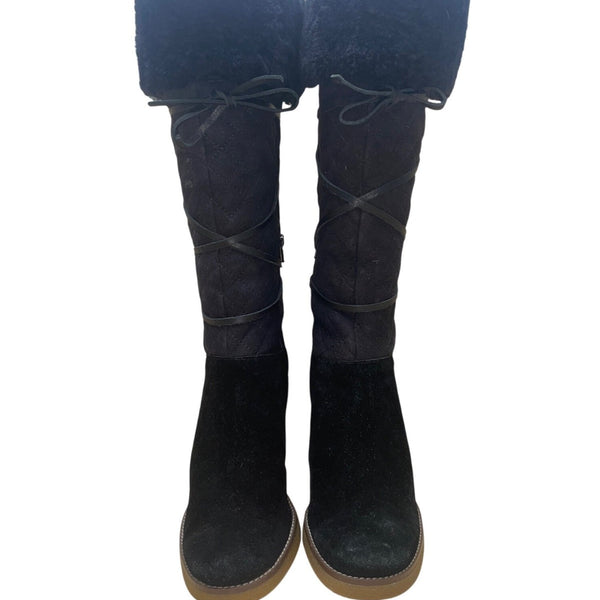 BCBGirls Women’s Black Suede & Faux Fur Quilted Heeled Knee-High Boots Size 8.5