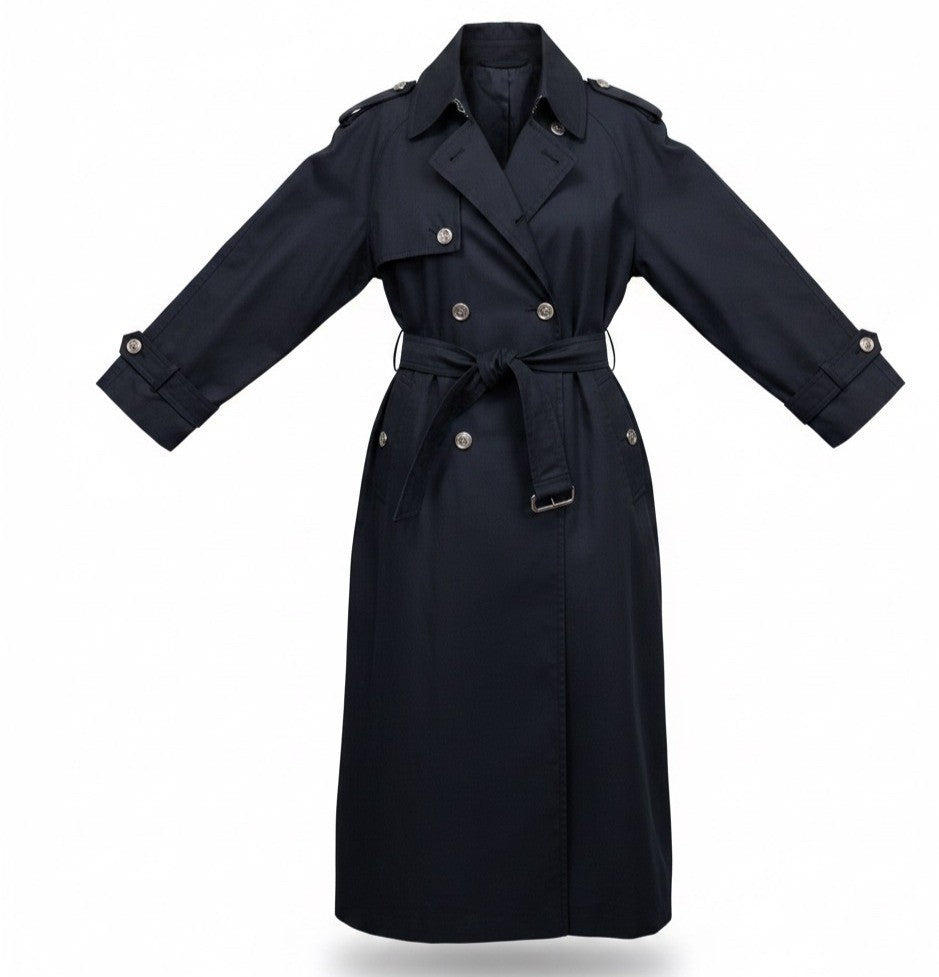 Sanyo Women Navy Blue Double-Breasted Trench Coat Belted With Buttoned Cuffs