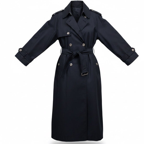 Sanyo Women Navy Blue Double-Breasted Trench Coat Belted With Buttoned Cuffs