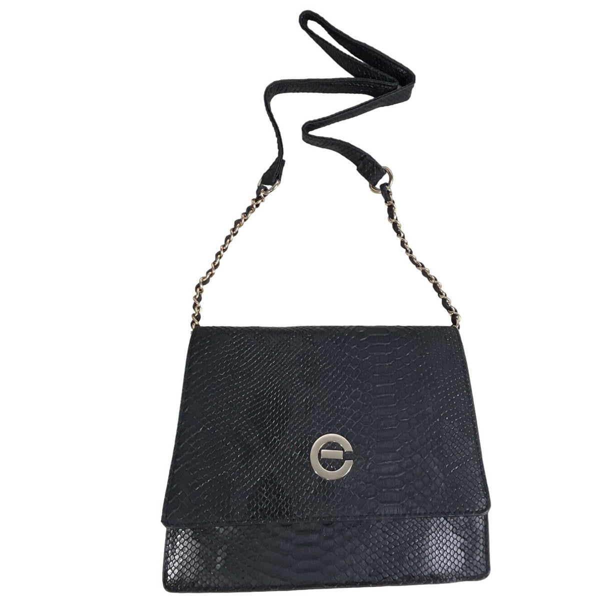 Elizabeth Grant Black Crossbody Purse Python Print Gold Chain Strap Sz S - New