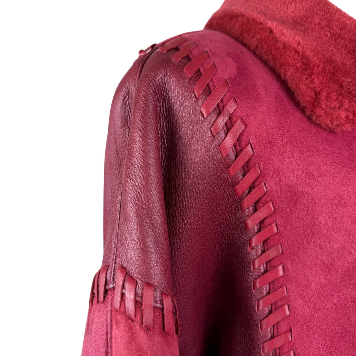 Oscar De La Renta Womens Red Shearling & Leather Long Coat Button Detail Size 8