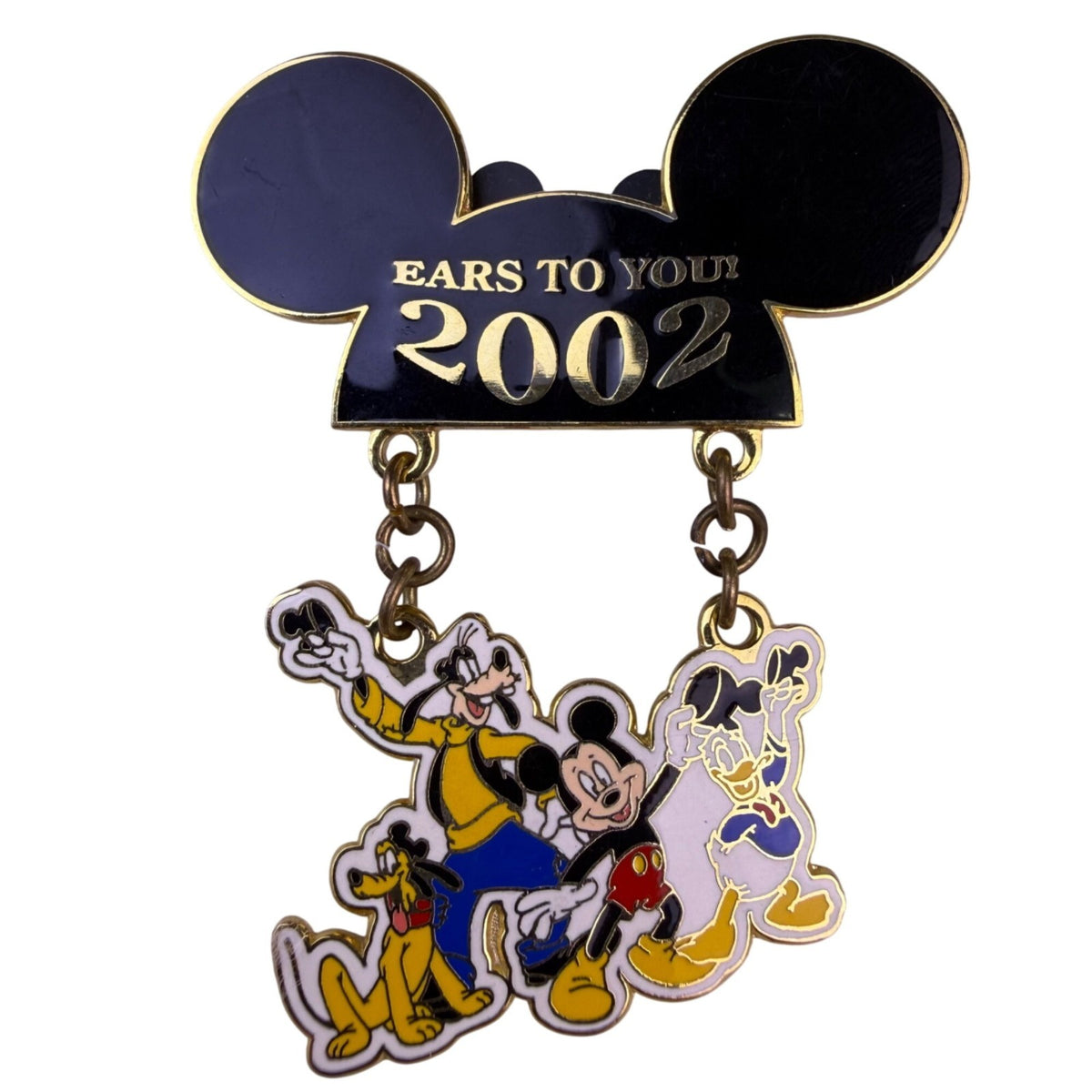 Disney Fab Four Black/Gold Tone Metal Enamel Dangle Pin "Ears To You 2002"