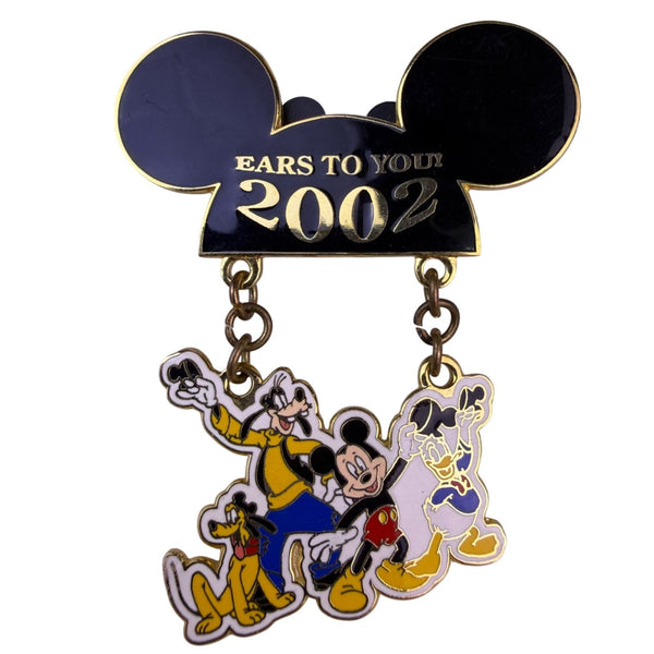 Disney Fab Four Black/Gold Tone Metal Enamel Dangle Pin "Ears To You 2002"