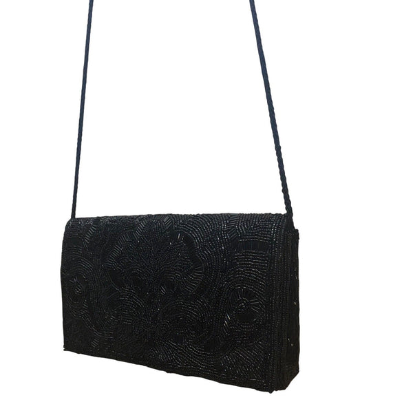 Lord & Taylor Women’s Black Beaded Floral Design Shoulder Strap Evening Clutch