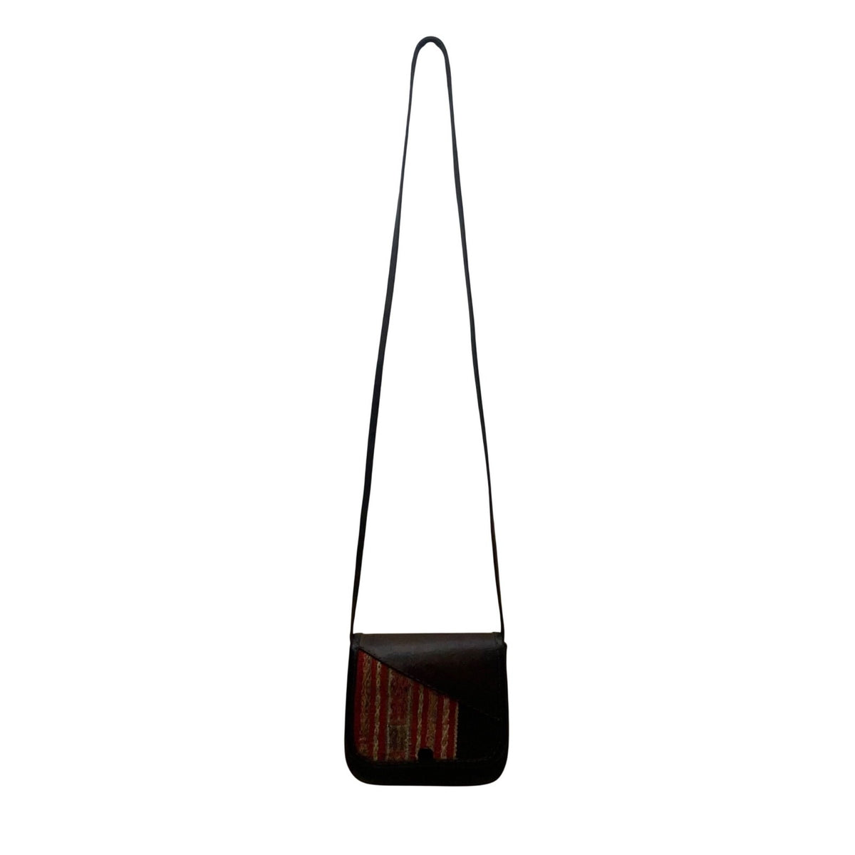 Vintage Handmade Women’s Brown Leather & Woven Striped Pattern Crossbody Bag