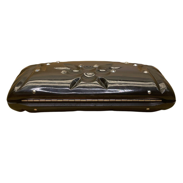Vintage Women’s Black Acrylic Floral Embellished Snap Closure Evening Clutch