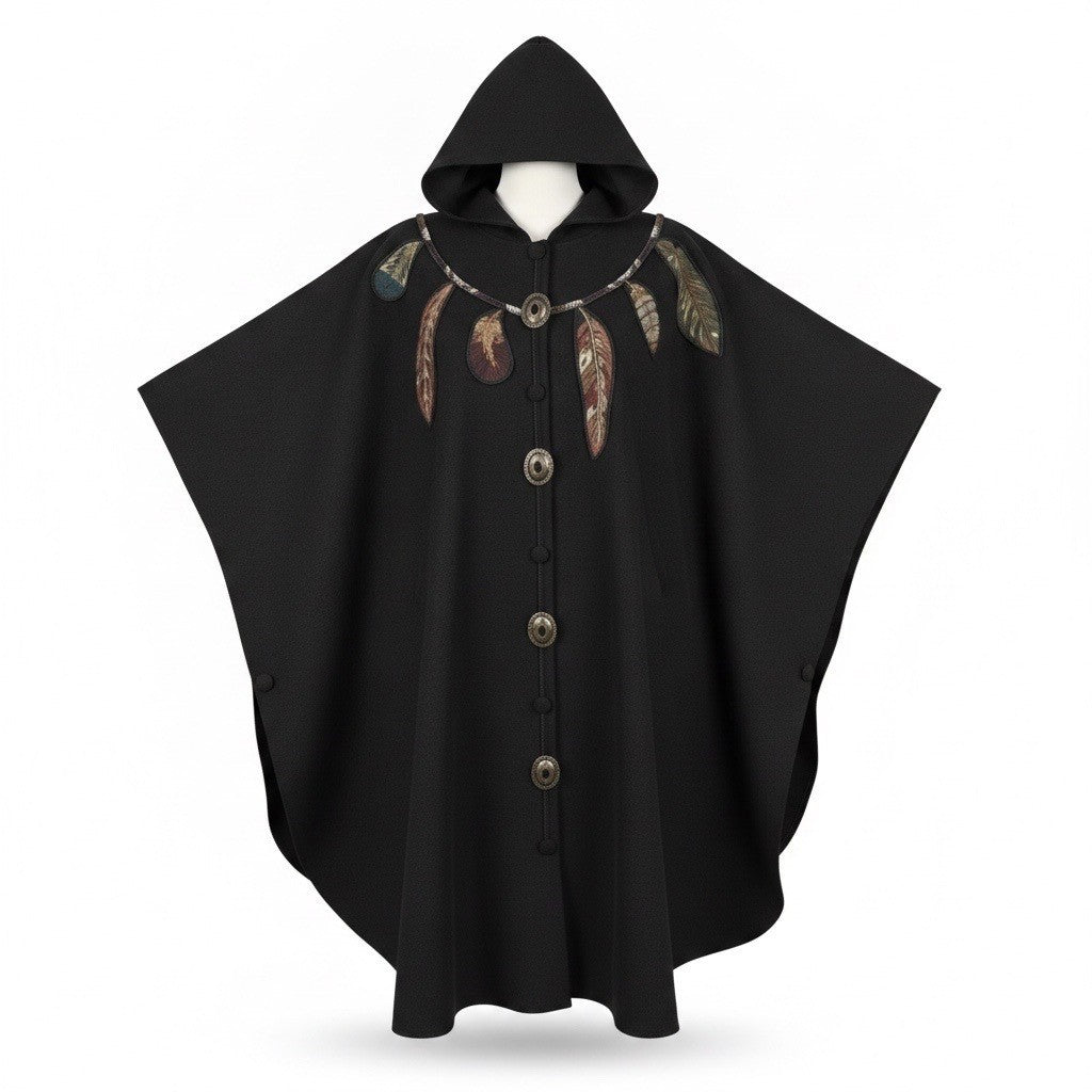 Coloratura Womens Black Wool Hooded Poncho With Feather Appliqué One Size