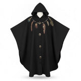 Coloratura Womens Black Wool Hooded Poncho With Feather Appliqué One Size
