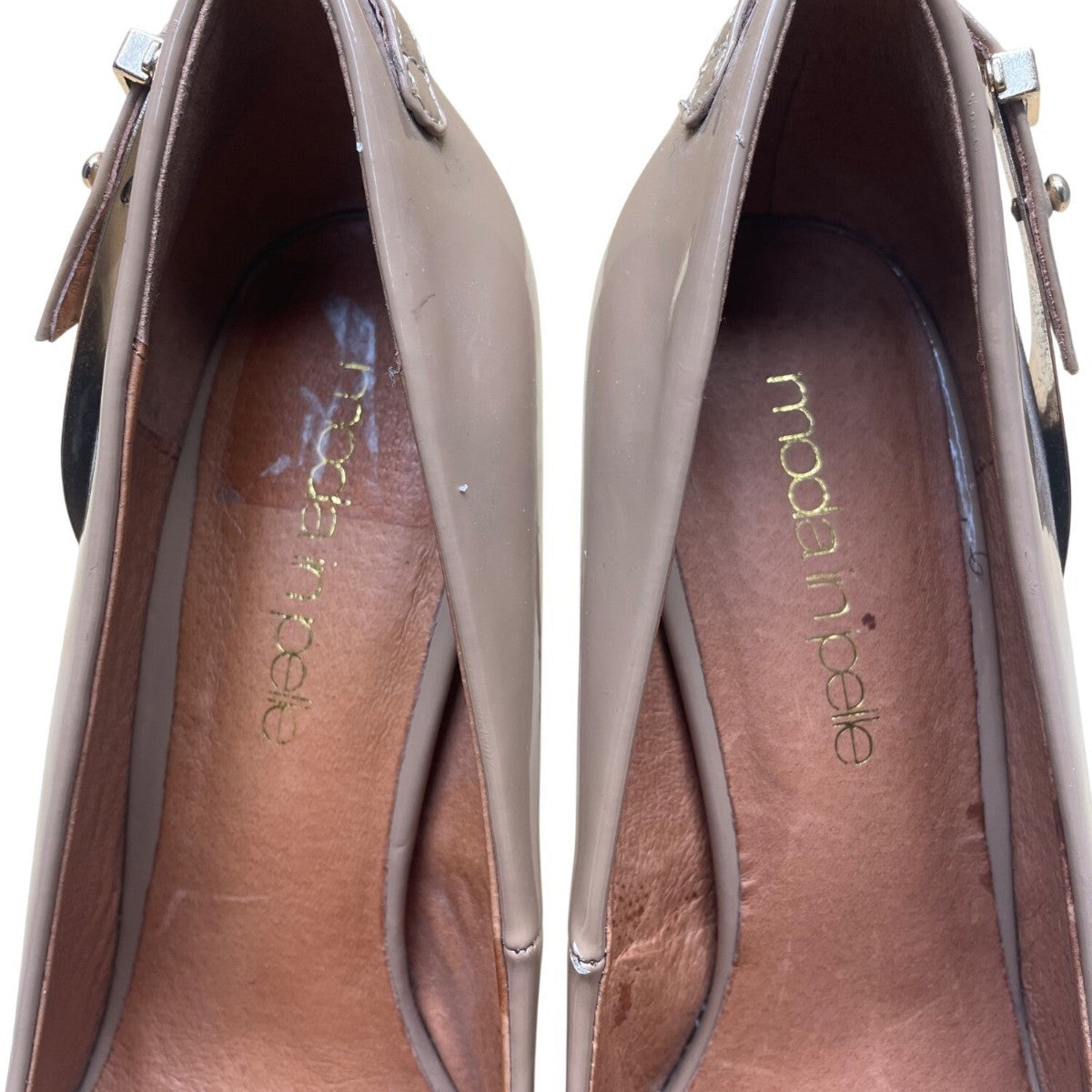 Moda In Pelle Women’s Beige Patent Faux Leather Metallic Accent Heels Size EU39