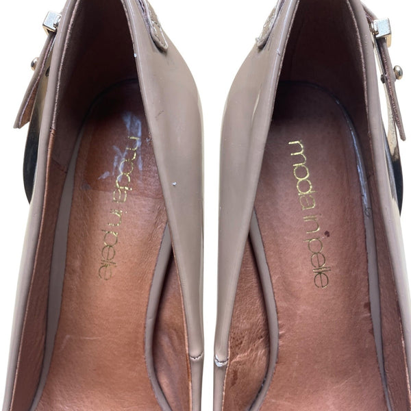 Moda In Pelle Women’s Beige Patent Faux Leather Metallic Accent Heels Size EU39