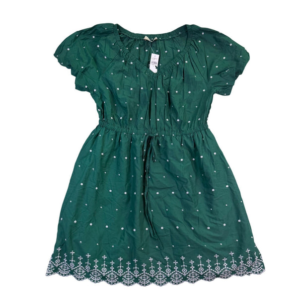 Loft Womens Green Cotton Short-Sleeve Embroidered Dress W/ Waist Tie Size L