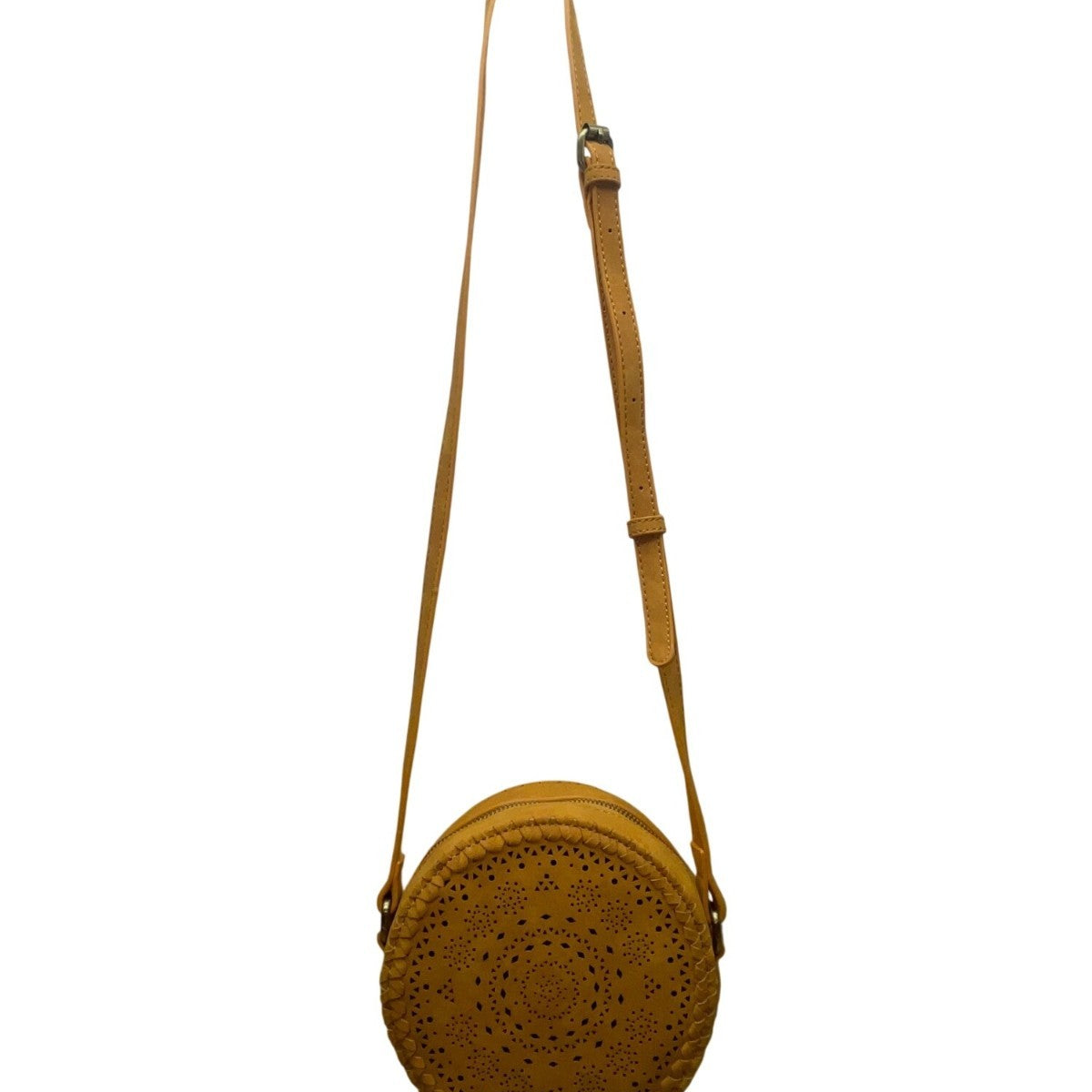 Women’s Mustard Vegan Leather Laser-Cut Adjustable Strap Round Crossbody Bag