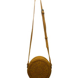 Women’s Mustard Vegan Leather Laser-Cut Adjustable Strap Round Crossbody Bag