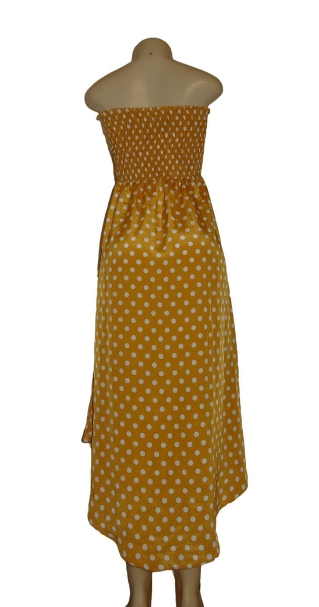 Women's Yellow & White Polka Dot Strapless High-Low Dress By Angie