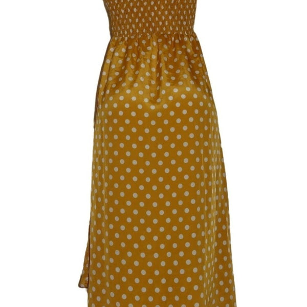 Women's Yellow & White Polka Dot Strapless High-Low Dress By Angie