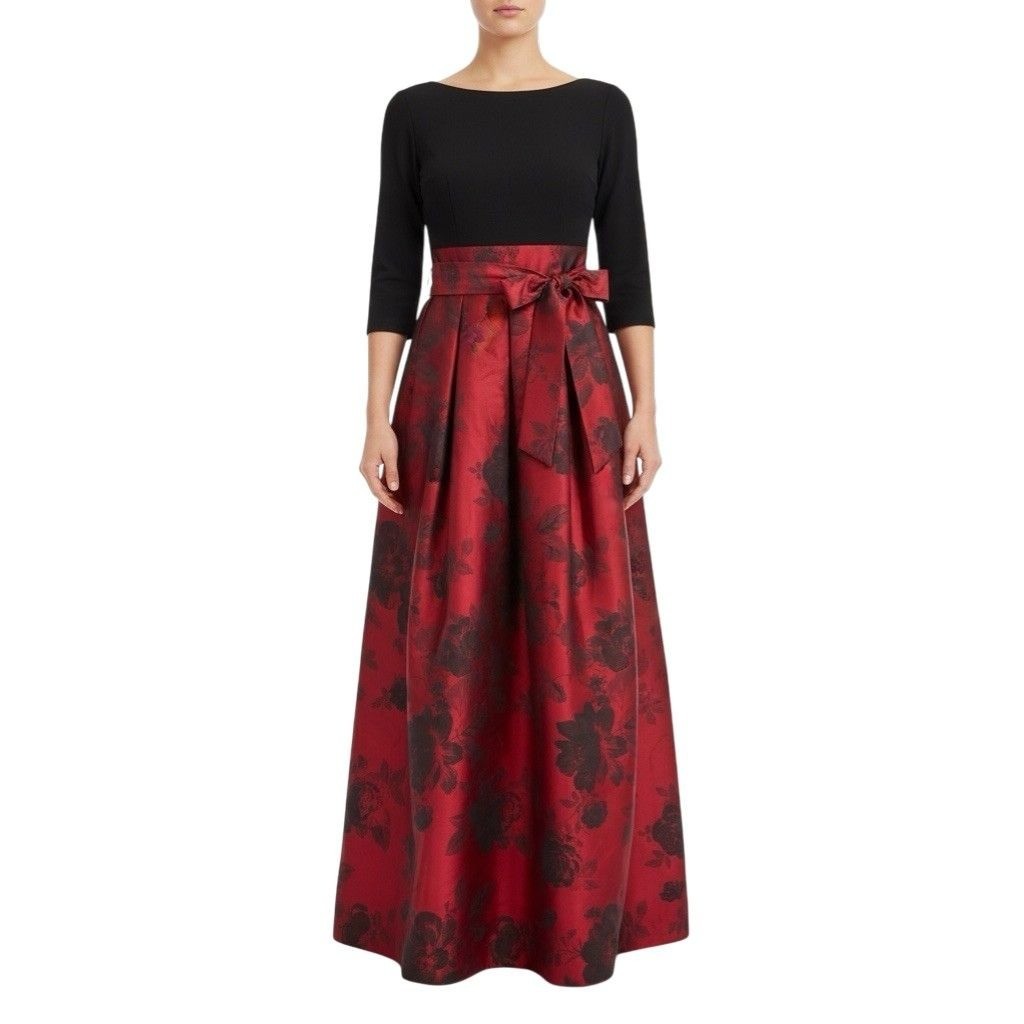 Jessica Howard  Black & Red Floral Print Gown With Bow Detail 3/4 Sleeves Sz 12